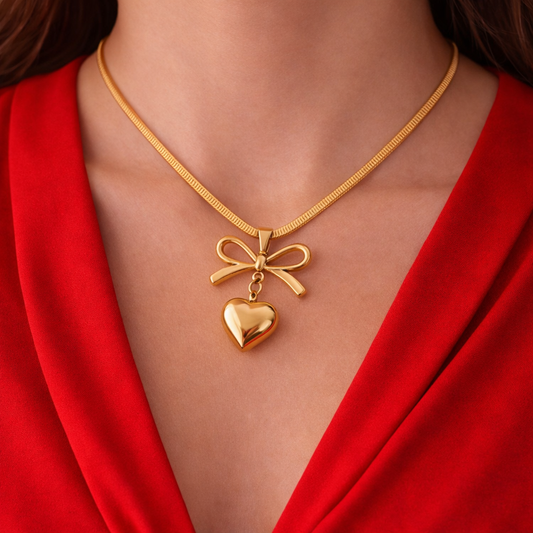 Golden Bow Heart Snake Chain Necklace